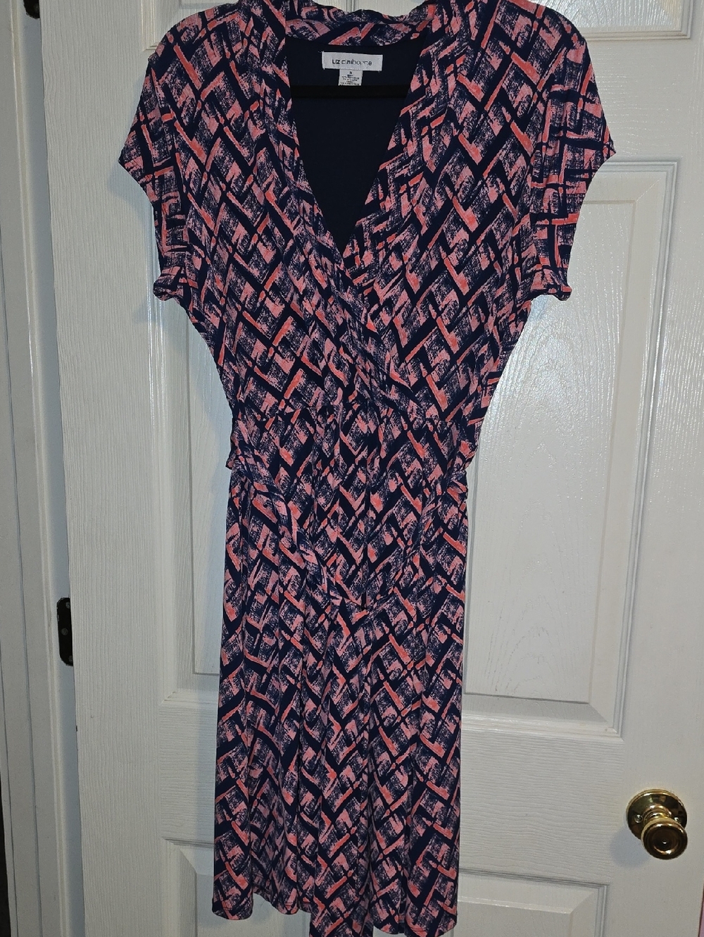 Liz Claiborne Navy and Coral Geometric Wrap Midi Dress